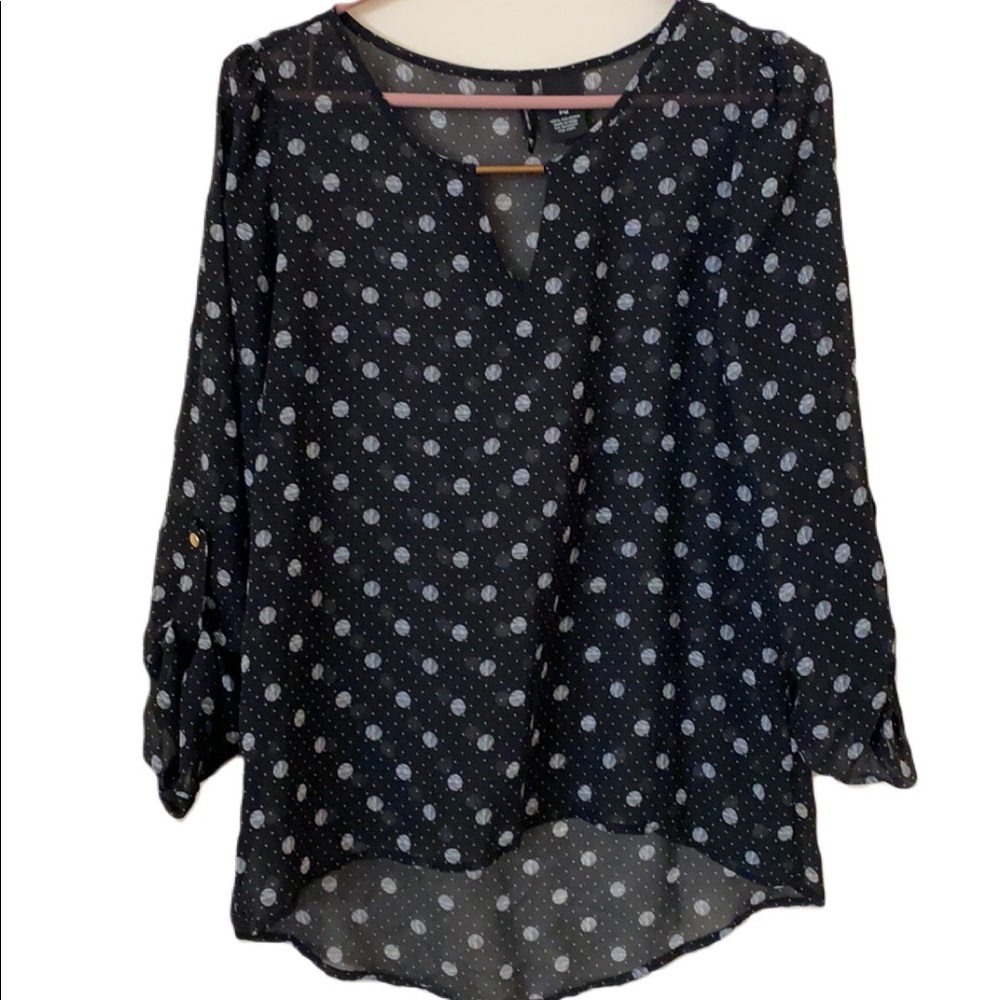 NEW DIRECTIONS POLKA DOT SHEER LONG SLEEVE BLOUSE PETITE MEDIUM BLACK AND WHITE